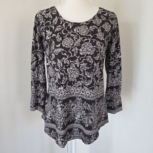 Lucky Brand Cotton Black and White Floral Quarter Sleeve Top Size M